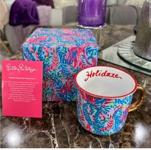 Lilly Pulitzer Pink and Blue Ceramic Mug with Gold Accent
